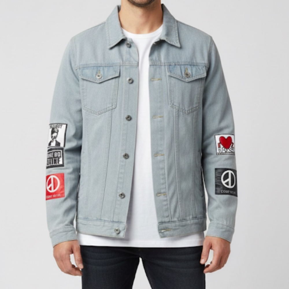 G-Dragon 8 Seconds Riot Denim Jacket Men’s Light Wash Patch Graphics - Size XL